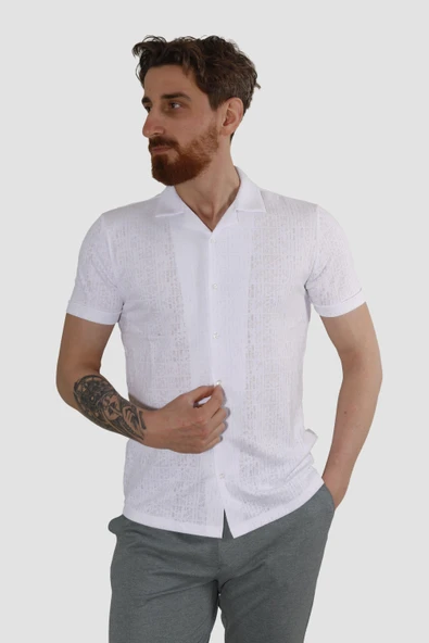 Erkek Jakarlı Apaçi Yaka Pamuklu Slim Fit Yazlık Gömlek 2545-BEYAZ ürün görseli 1