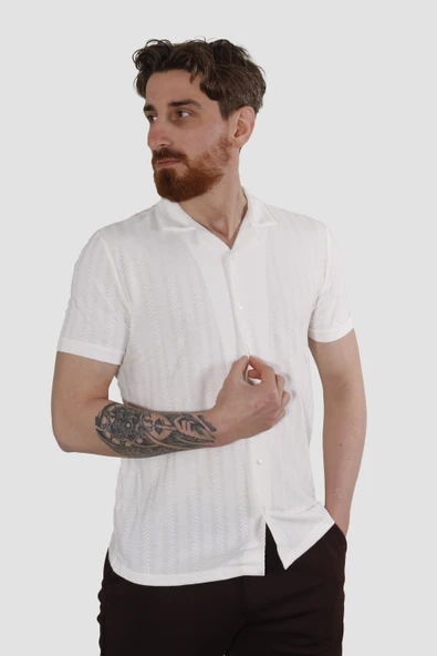 Erkek Pamuklu Apaçi Yaka Dokuma Slim Fit Yazlık Gömlek 3201-G-BEYAZ ürün görseli 1