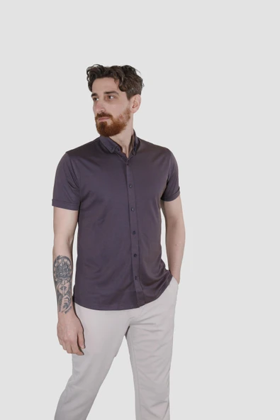 Erkek Kısa Kollu Nefes Alabilen Yazlık Pamuklu Slim Fit Gömlek 2910-G-KOYU BORDO ürün görseli 1