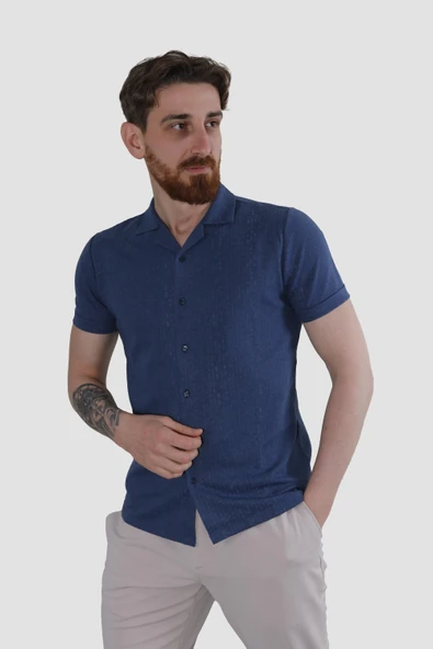 Erkek Jakarlı Apaçi Yaka Pamuklu Slim Fit Yazlık Gömlek 2545-LACİVERT ürün görseli 1