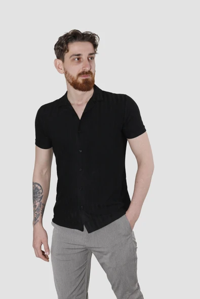 Erkek Pamuklu Apaçi Yaka Dokuma Slim Fit Yazlık Gömlek 3201-G-SİYAH ürün görseli 1