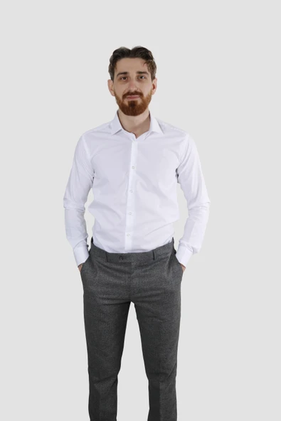 Erkek Uzun Kollu Kolay Ütülenebilir Pamuklu Slim Fit Gömlek 1000-BEYAZ ürün görseli 1