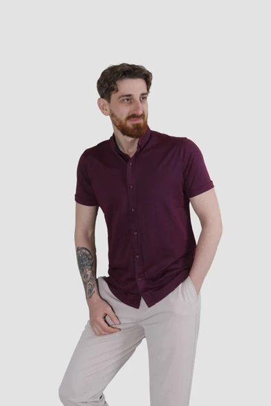 Erkek Kısa Kollu Nefes Alabilen Yazlık Pamuklu Slim Fit Gömlek 2910-G-BORDO ürün görseli 1