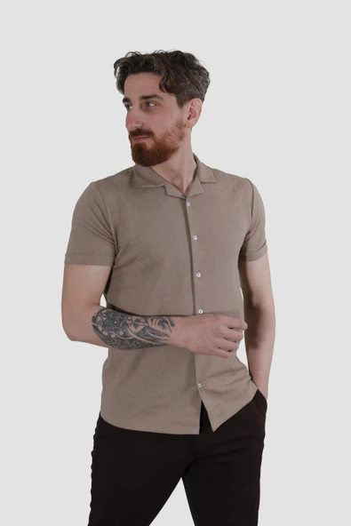 Erkek Jakarlı Apaçi Yaka Pamuklu Slim Fit Yazlık Gömlek 2545-VİZON ürün görseli 1
