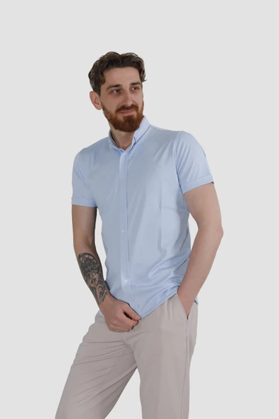 Erkek Kısa Kollu Nefes Alabilen Yazlık Pamuklu Slim Fit Gömlek 2910-G-MAVİ ürün görseli 1