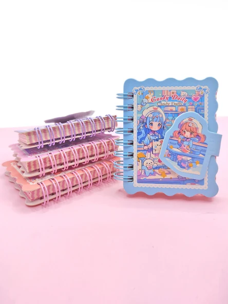 Candy Sevimli Kız Cırtlı Cep Boy Mini Not Defteri (7x8 cm) - Mavi ürün görseli 1