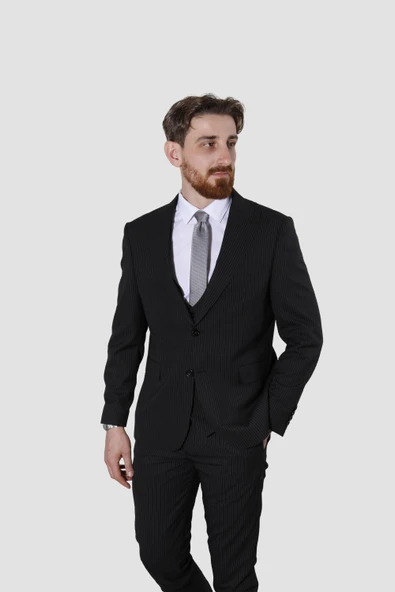 Erkek Çizgili Yelekli Slim Fit Takım Elbise MK37-SİYAH ürün görseli 1