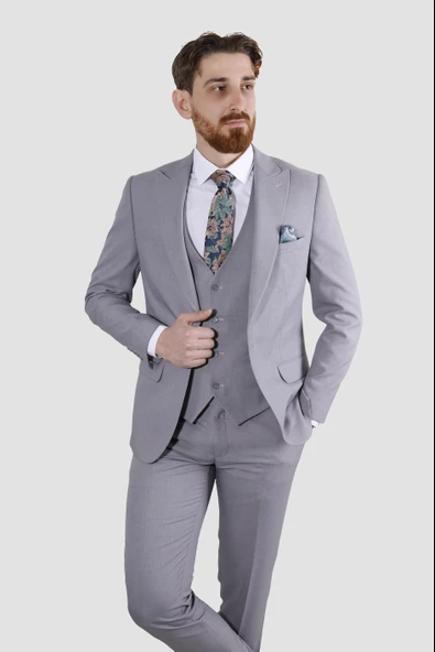 Erkek Tek Düğme Düz Yelekli Slim Fit Takım Elbise 2813-AÇIKGRİ ürün görseli 1