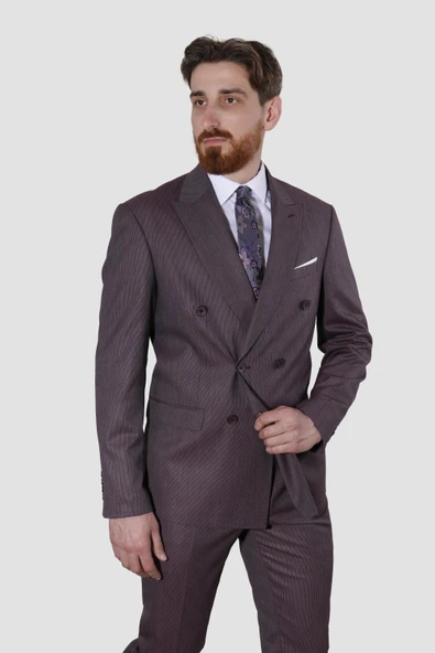Erkek Çizgili Kruvaze Slim Fit Takım Elbise 6562-VİŞNE ürün görseli 1