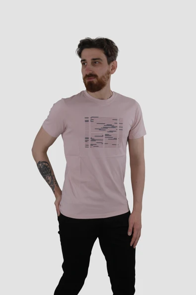 Erkek Bisiklet Yaka Basklı Pamuklu Slim Fit Tişört 3170-AÇIK GÜL ürün görseli 1