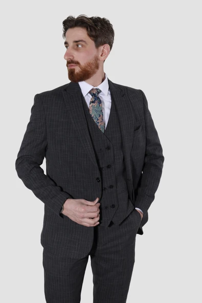Erkek Tek Düğme Yelekli Slim Fit Takım Elbise 2805-ANTRASİT ürün görseli 1