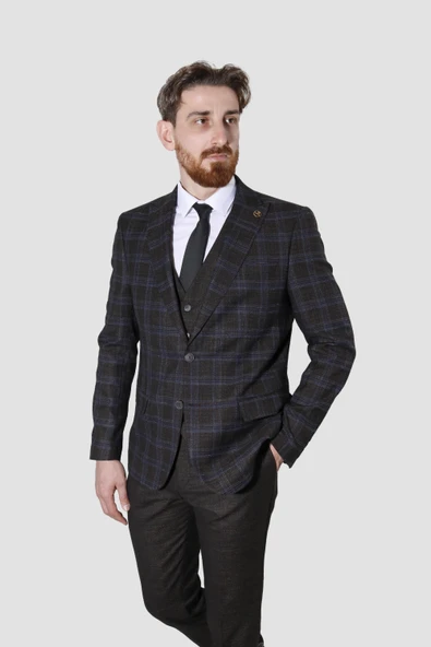Erkek Desenli Yelekli Slim Fit Takım Elbise 2865-KAHVE ürün görseli 1