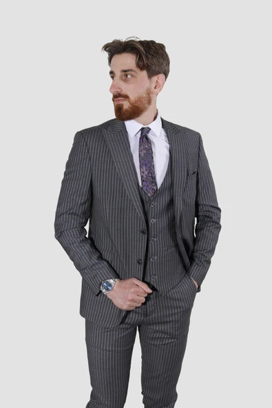 Erkek Çizgili Yelekli Slim Fit Takım Elbise CML158-GRİ ürün görseli 1
