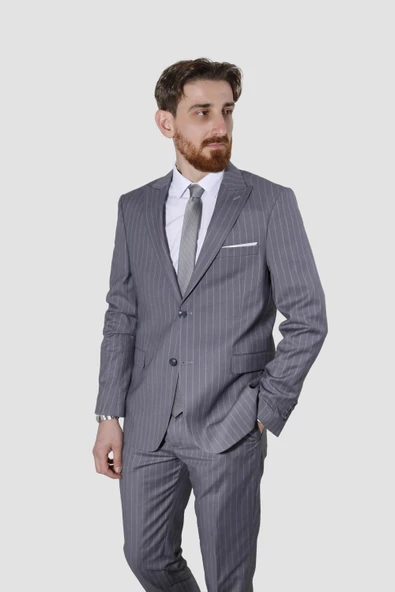 Erkek Düz Yeleksiz Slim Fit Takım Elbise 1920-AÇIKGRİ ürün görseli 1