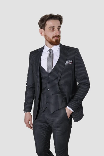 Erkek Çizgili Yelekli Slim Fit Takım Elbise CML158-FÜME ürün görseli 1