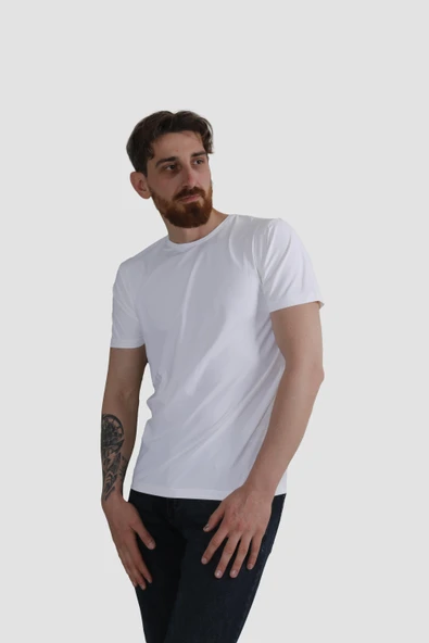 Erkek Bisiklet Yaka Basic Düz Pamuklu Slim Fit Tişört-BEYAZ ürün görseli 1