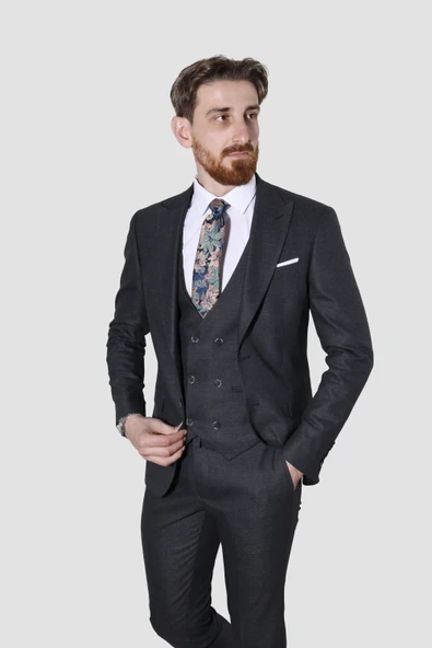 Erkek Desenli Yelekli Slim Fit Takım Elbise 6566-SİYAH ürün görseli 1