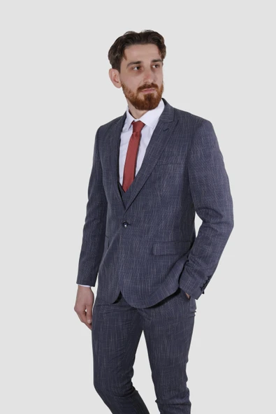 Erkek Tek Düğme Çizgili Desenli Yelekli Slim Fit Takım Elbise 6504-LACİVERT ürün görseli 1