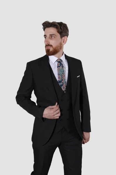 Erkek Tek Düğme Armürlü Yelekli Slim Fit Takım Elbise 6050-SİYAH ürün görseli 1