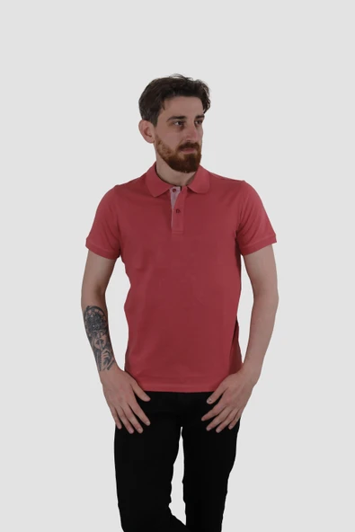 Erkek Polo Yaka Düz Pamuklu Slim Fit Tişört 3225Y-GÜL KURUSU ürün görseli 1