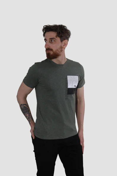 Erkek Bisiklet Yaka Baskılı Pamuklu Slim Fit Tişört 3148-KOYU YEŞİL ürün görseli 1