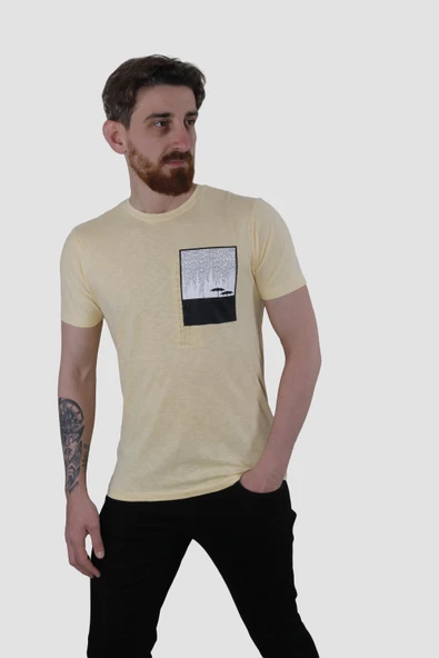 Erkek Bisiklet Yaka Baskılı Pamuklu Slim Fit Tişört 3148-SARI ürün görseli 1