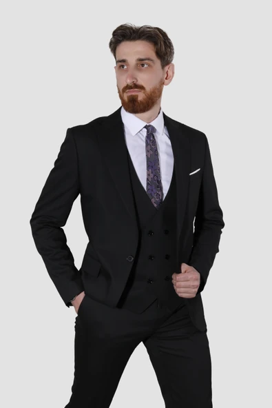 Erkek Tek Düğme Yelekli Slim Fit Takım Elbise 6008E-SİYAH ürün görseli 1