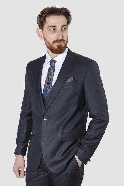 Erkek Tek Düğme Desenli Yelekli Slim Fit Takım Elbise W8211-LACİVERT ürün görseli 1