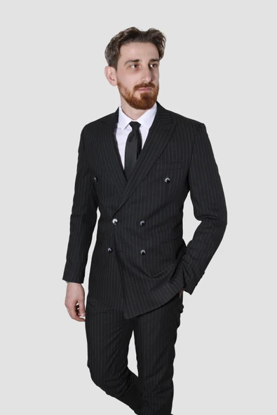 Erkek Çizgili Kruvaze Slim Fit Takım Elbise ARMADA09-SİYAH ürün görseli 1