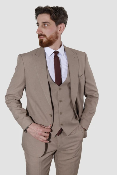 Erkek Tek Düğme Düz Yelekli Slim Fit Takım Elbise 2813-BEJ ürün görseli 1