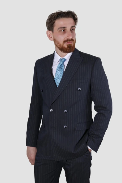 Erkek Çizgil Kruvaze Slim Fit Takım Elbise ARMADA10-LACİVERT ürün görseli 1