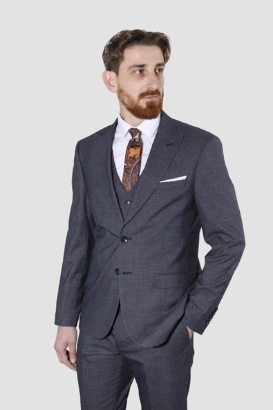Erkek Desenli Yelekli Slim Fit Takım Elbise 6570-LACİVERT ürün görseli 1