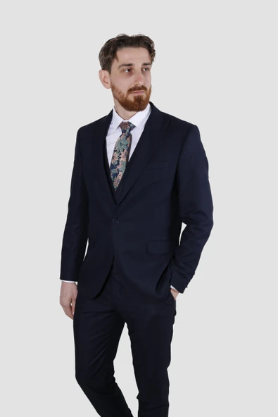 Erkek Tek Düğme Armürlü Yelekli Slim Fit Takım Elbise 7040M-LACİVERT ürün görseli 1