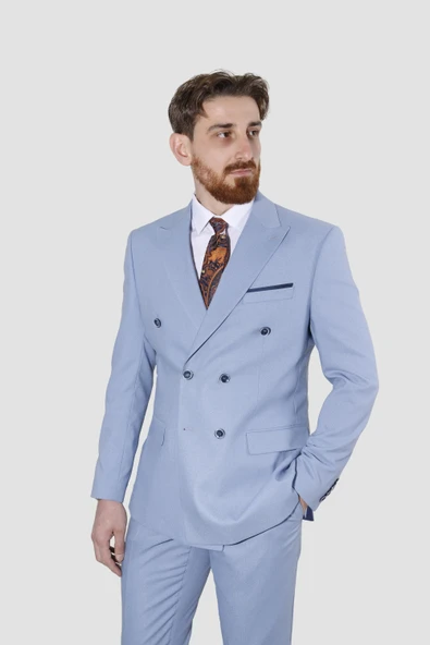 Erkek Kruvaze Slim Fit Takım Elbise 3023-MAVİ ürün görseli 1
