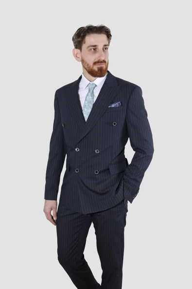 Erkek Çizgili Kruvaze Slim Fit Takım Elbise 6025-K.LACİVERT ürün görseli 1