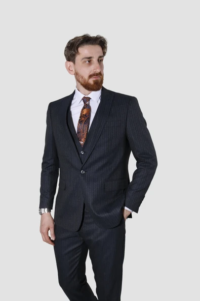 Erkek Tek Düğme Çizgili Desenli Slim Fit Takım Elbise 4051-SİYAH ürün görseli 1