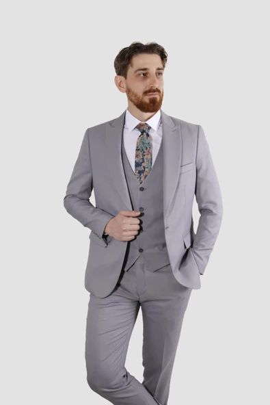 Erkek Armürlü Yelekli Slim Fit Takım Elbise 2810-GRİ ürün görseli 1
