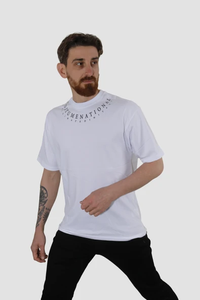 Erkek Bisiklet Yaka Yazı Baskılı Pamuklu Oversize Tişört 3125-BEYAZ ürün görseli 1