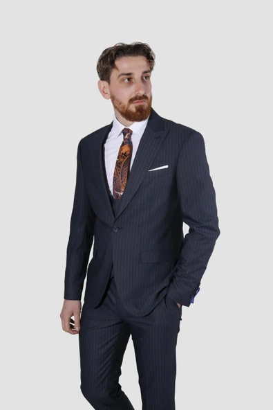Erkek Tek Düğme Çizgili Yelekli Slim Fit Takım Elbise 6561-LACİVERT ürün görseli 1