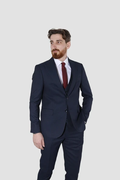 Erkek Desenli Yelekli Slim Fit Takım Elbise 6020-LACİVERT ürün görseli 1