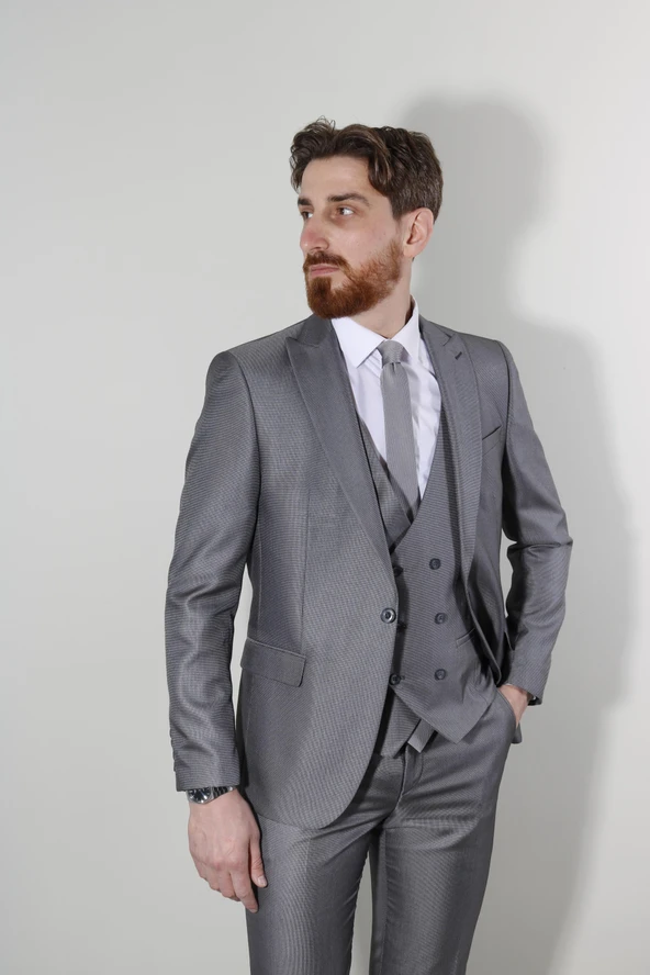 Erkek Tek Düğme Armürlü Yelekli Slim Fit Takım Elbise-GRİ ürün görseli 1