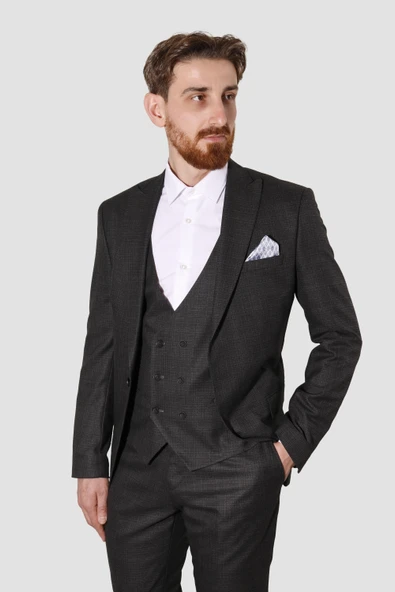 Erkek Tek Düğme Desenli Yelekli Slim Fit Takım Elbise 7007-SİYAH ürün görseli 1