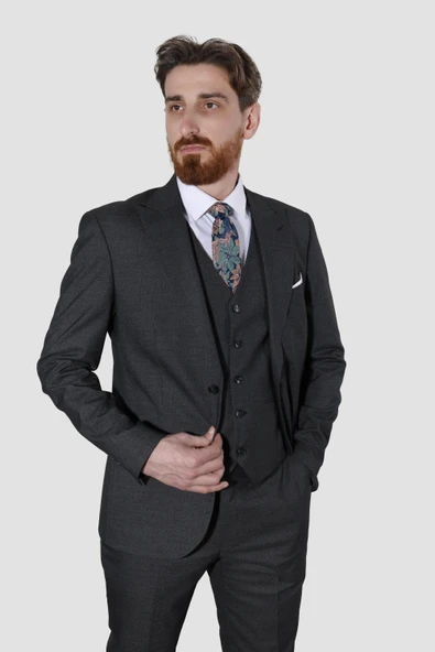 Erkek Desenli Yelekli Slim Fit Takım Elbise 6570-ANTRASİT ürün görseli 1