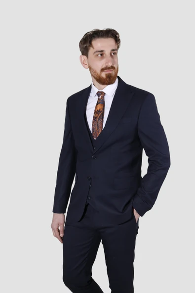Erkek Armürlü Yelekli Slim Fit Takım Elbise 6023AR-LACİVERT ürün görseli 1