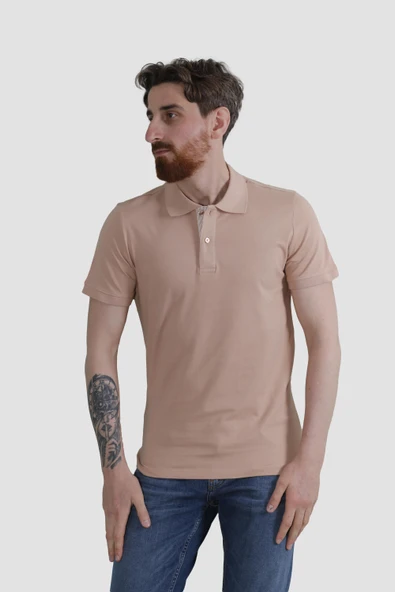 Erkek Polo Yaka Düz Pamuklu Slim Fit Tişört 3225Y-PUDRA ürün görseli 1