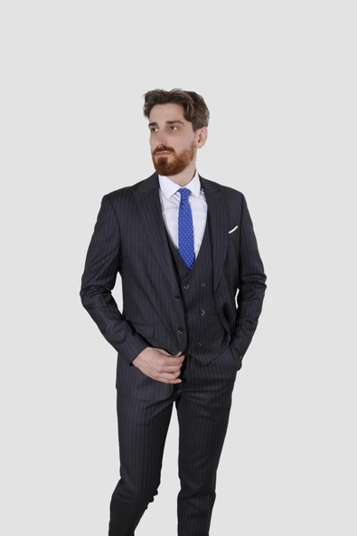 Erkek Çizgili Yelekli Slim Fit Takım Elbise 6566-ANTRASİT ürün görseli 1