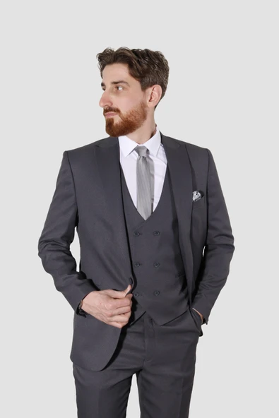 Erkek Armürlü Yelekli Slim Fit Takım Elbise 2810-ANTRASİT ürün görseli 1