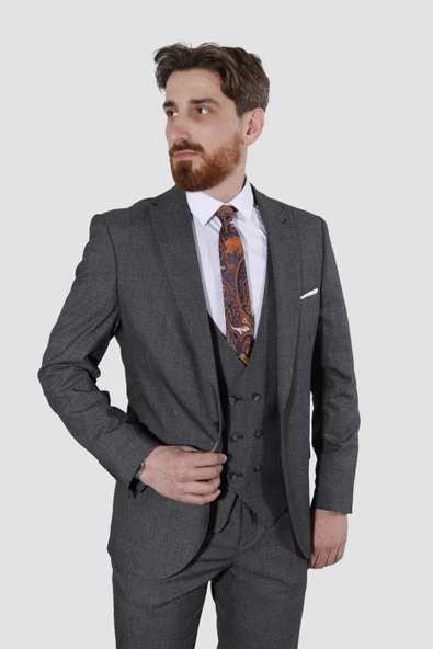 Erkek Tek Düğme Desenli Yelekli Slim Fit Takım Elbise 7485-GRİ ürün görseli 1