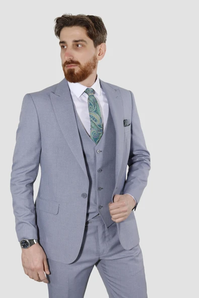 Erkek Tek Düğme Düz Yelekli Slim Fit Takım Elbise 2813-MAVİ ürün görseli 1