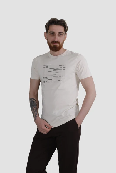 Erkek Bisiklet Yaka Basklı Pamuklu Slim Fit Tişört 3170-BEJ ürün görseli 1